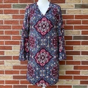 White House Black Market Floral Keyhole Blue Multicolor Long Bell Sleeve Dress 👗